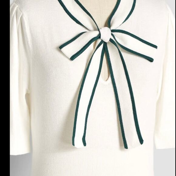 ModCloth Bow Thyself Tie Neck Knit Top LARGE White Black Short Sleeve Retro Chic - Picture 1 of 6